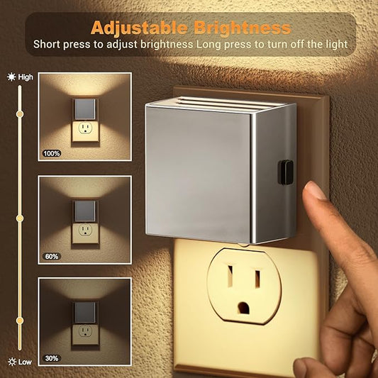 Night light plugged into a wall outlet, emitting a soft white 3000K glow in a child's room.