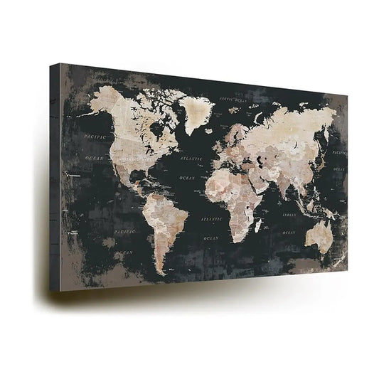 Close-up of the detailed monochrome world map, showing geographical features and labels.