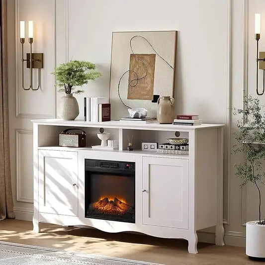Front view of the elegant entertainment center, featuring an electric heater and two cabinet doors.
