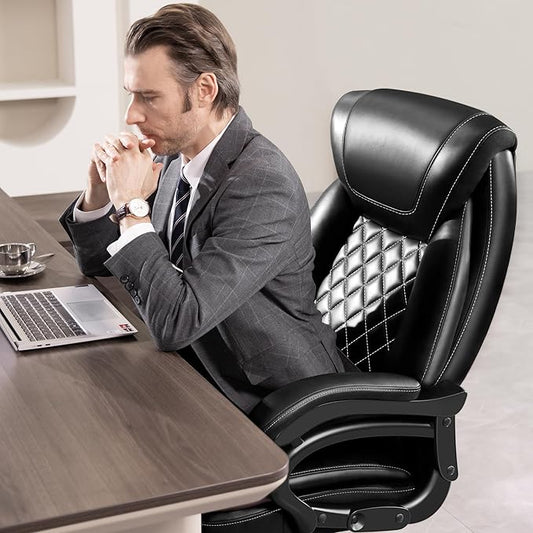 Frontal view of the black PU leather office chair, highlighting the wide seat and high back.
