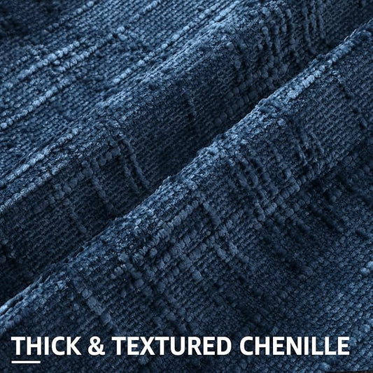 Close-up detail of the navy blue chenille fabric, showing its unique thick, textured, and slubby weave.