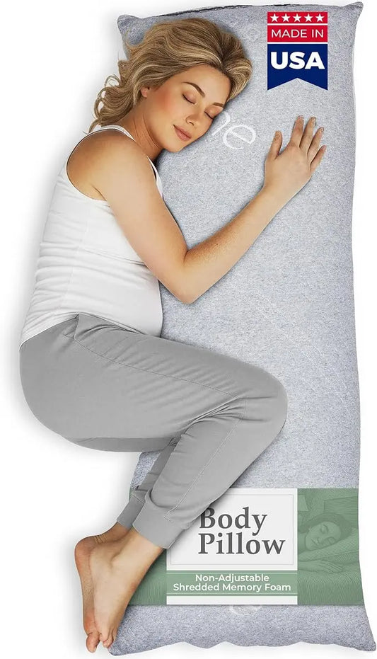 Snuggle-Pedic Body Pillow for Side Sleepers for Adults - Full Body Maternity Pillow Support Legs, Belly & HIPS - Shredded Memory Foam & Cooling Pregnancy Pillow Cover - 20x54 Light Gray