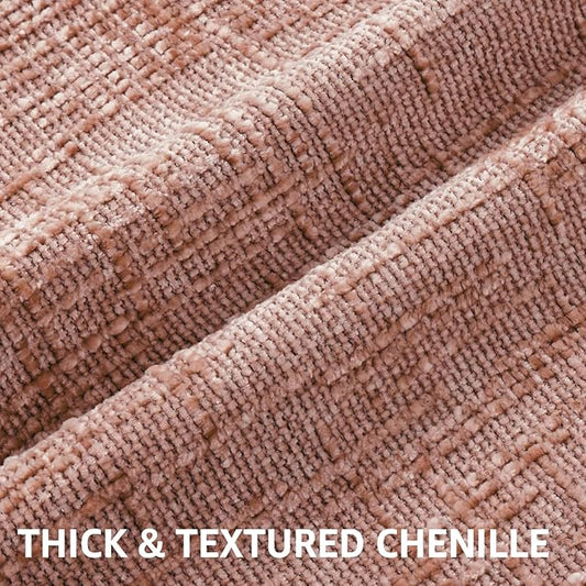 Close-up detail of the pink chenille fabric, showing its unique thick, textured, and slubby weave.