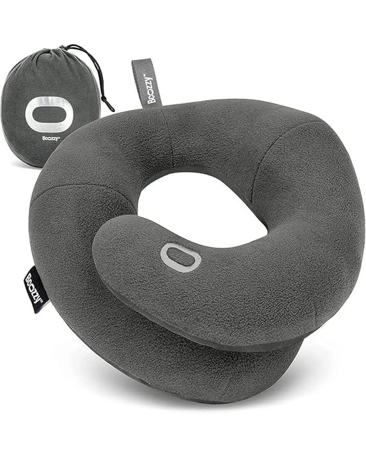 X-Large gray travel neck pillow designed for airplane use, showcasing its patented double support.