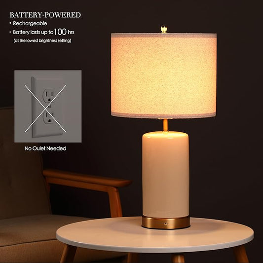 Full view of the rechargeable 24 inch height table lamp, showcasing its elegant ceramic base.