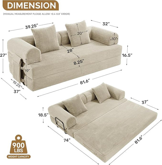 The sofa bed fully extended into a flat mattress couch, complete with a cylindrical pillow for comfort.