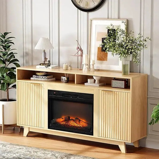 Front view of the entertainment center, highlighting the electric heater and fluted cabinet doors.