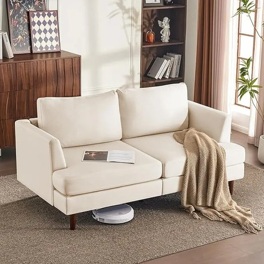 Frontal view of the beige mid-century modern loveseat, emphasizing its cloud-like comfort.