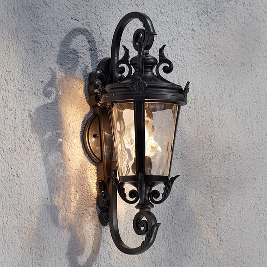 Full front view of the 19-inch outdoor light, showcasing its traditional design and black steel finish.