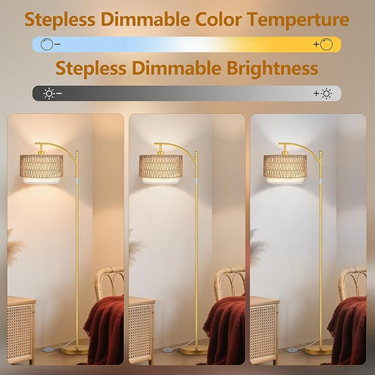 Full view of the tall, adjustable gold floor lamp, standing gracefully in a modern living space.