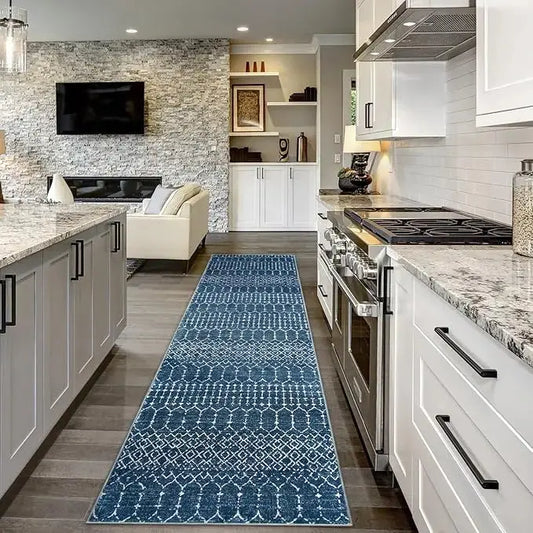 Overhead view of the full runner rug, showcasing its length and contemporary pattern.