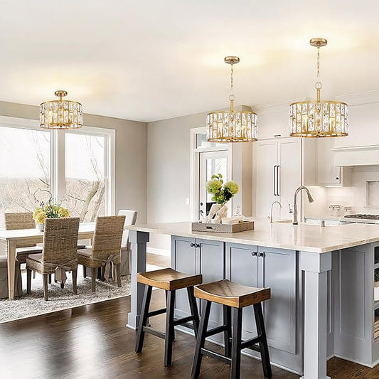 Close-up of the crystal accents visible through the gold drum shade, creating a sparkle.
