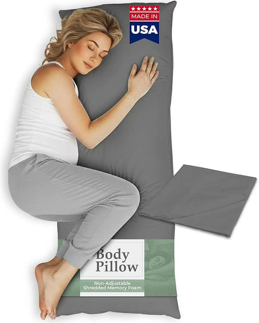 Snuggle-Pedic Body Pillow for Side Sleepers for Adults - Full Body Maternity Pillow Support Legs, Belly & HIPS - Shredded Memory Foam & Cooling Pregnancy Pillow Cover 20x54 Gray