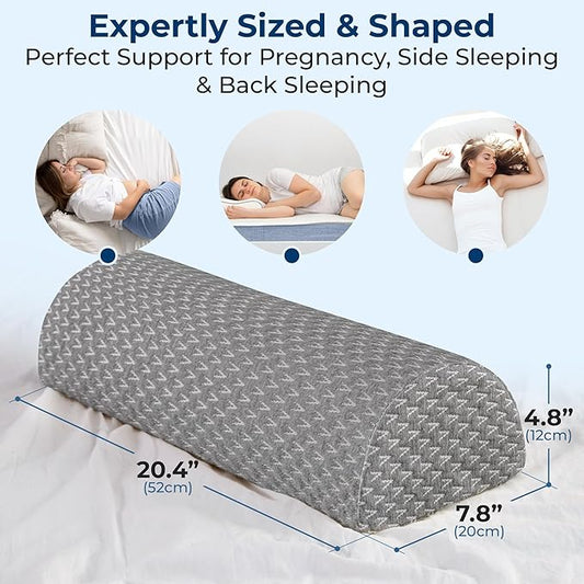 The knee pillow positioned to provide under-leg support for a person sleeping on their back.