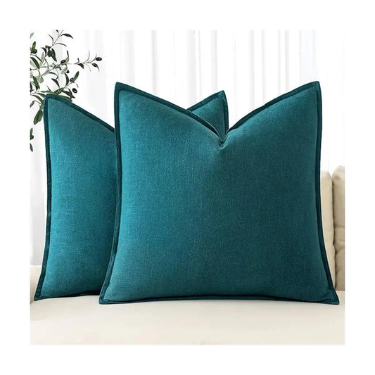 Close-up of the teal blue linen fabric, highlighting its natural texture and subtle weave.