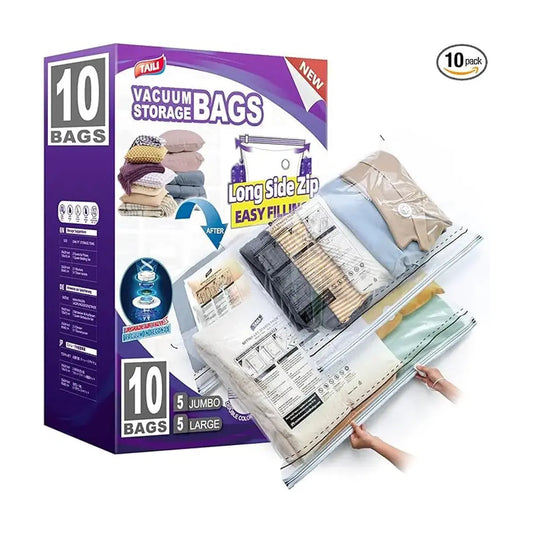 Close-up of the long side zip and valve on a large vacuum storage bag.