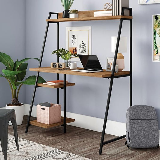 Desk and hutch shown in a contemporary office setting, highlighting its integrated storage.