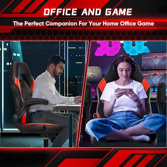 Side profile of the red gaming chair, showcasing its comfortable design and adjustable features.