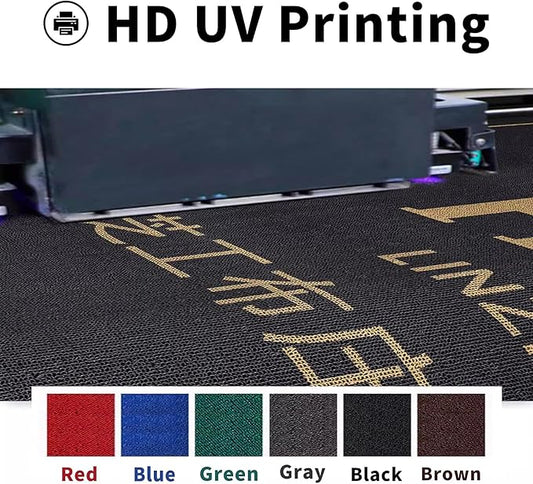 Close-up of the mat's durable, wear-resistant surface with a printed company logo.