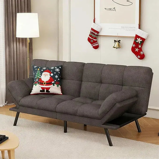 Close-up of the grey fabric texture on the futon sofa bed's detachable cushion, showing fine weave.