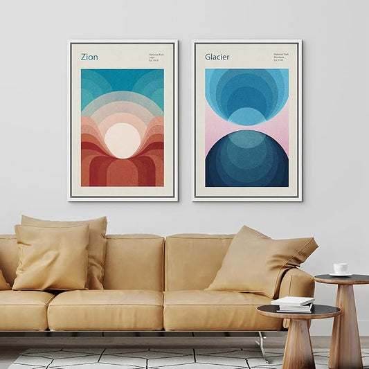 Close-up of the geometric landscape illustration, showcasing vibrant colors and abstract forms on canvas.