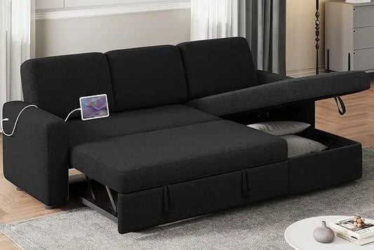 Full view of the reversible sectional couch, highlighting its spacious design and black upholstery.