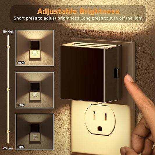 Night light plugged into a wall outlet, emitting a soft white 3000K glow in a child's room.