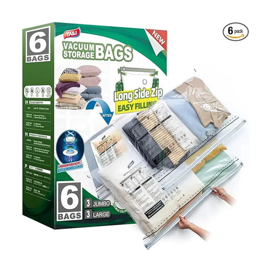 Close-up of the long side zip and valve on a large vacuum storage bag, ready for compression.