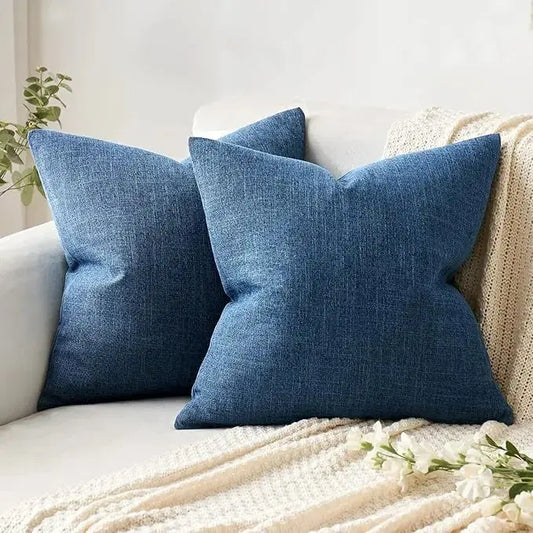 Close-up showing the textured blue linen burlap fabric with its distinct weave.