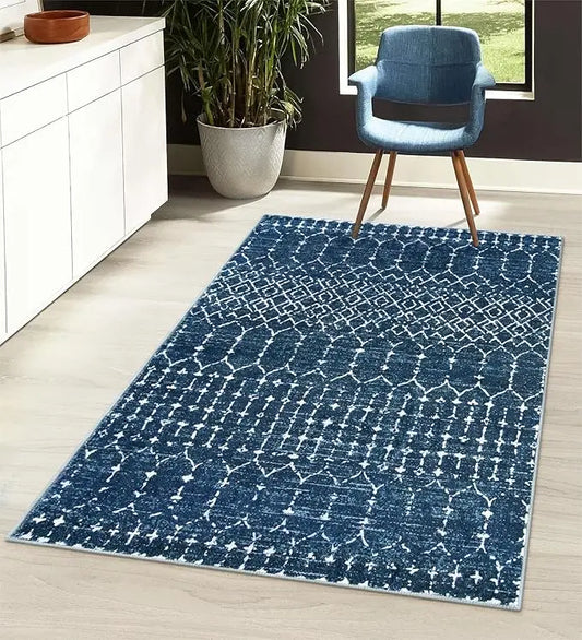Overhead shot of the 3x5 ft washable area rug, displaying its unique distressed pattern.