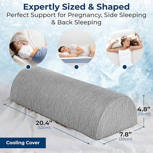 The knee pillow positioned under the legs of a person sleeping on their back.