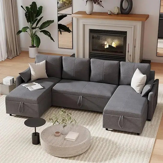 The grey U-shaped sectional sofa with all cushions in place, ready for seating in a living space.