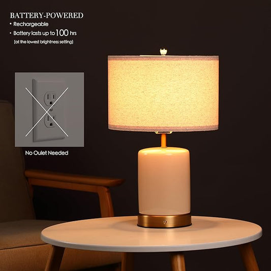 Full view of the rechargeable 19.5 inch height table lamp, showcasing its elegant ceramic base.