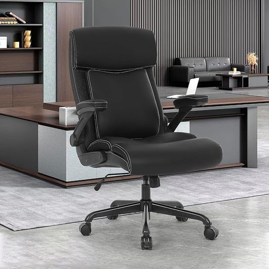 Angled view of one chair, highlighting the high back leather upholstery and ergonomic shape.