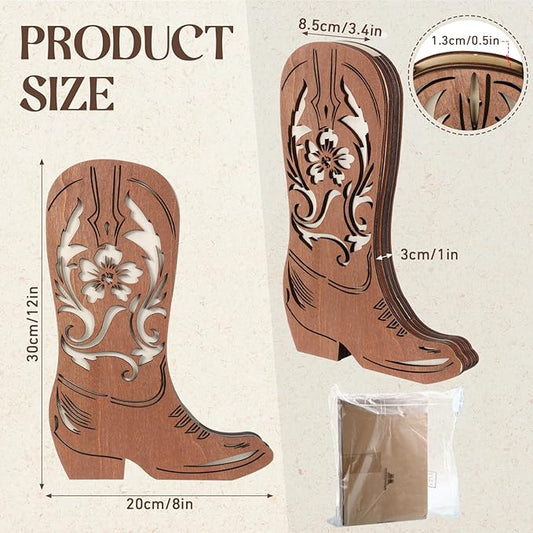 Close-up of one 12" x 8" cowboy boot planter, showing its textured faux wood finish and distinctive vivid details.