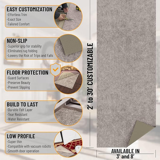 Close-up of the rug pad's thick profile, highlighting the 1/4 inch thickness.