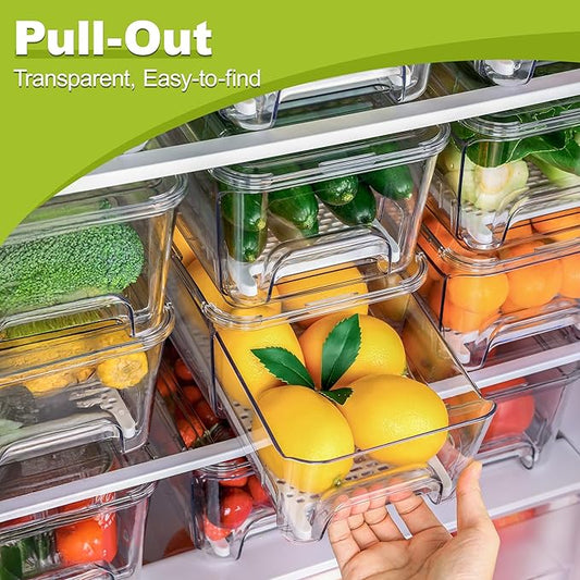 Close-up of a single clear organizer bin, showing the removable drain tray inside.