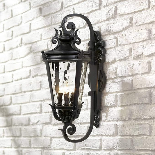 Full front view of the 27 1/2-inch outdoor light, showcasing its rustic vintage design and textured black finish.