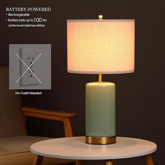 Full view of the rechargeable 24 inch height table lamp, showcasing its elegant ceramic base.
