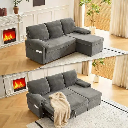 The black L-shape sofa bed extended, showing the pullout sleeper couch and chaise.