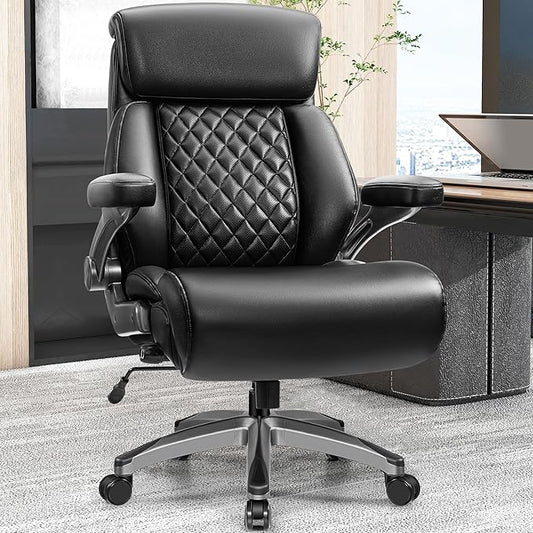 Side view of the heavy-duty executive chair, highlighting its adjustable armrests and sturdy base.