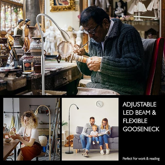 Full view of the dimmable brushed nickel floor lamp, showcasing its slender design and sturdy base.