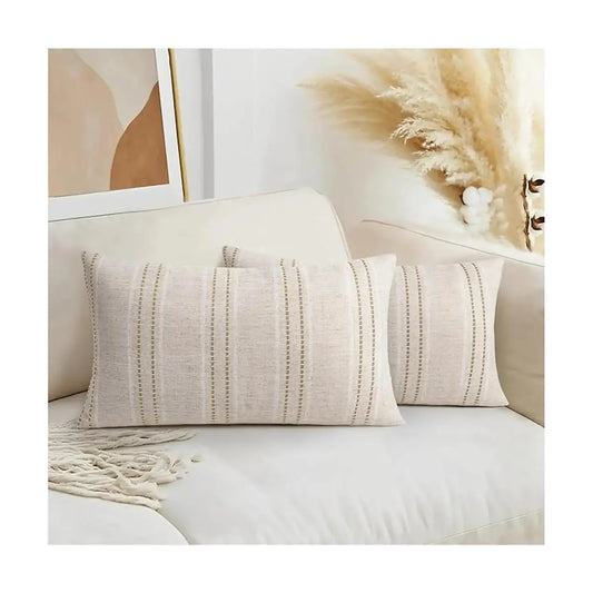 Full view of two 12x20 inch decorative farmhouse linen throw pillow covers in beige with white and brown stripes.