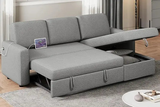 Full view of the reversible sectional couch, highlighting its spacious design and light gray upholstery.