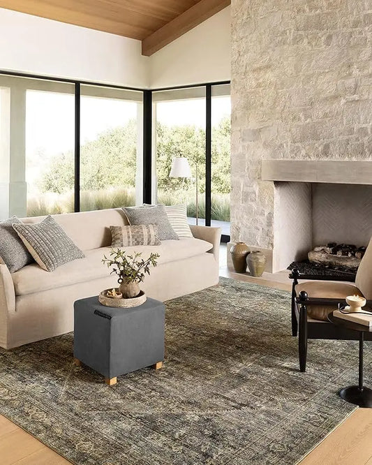 Close-up of the rug's CloudPile texture, showing the soft, vintage-inspired pattern in spice and lagoon colors.