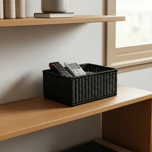 A black small woven basket on a minimalist shelf, providing neat storage for living room essentials.