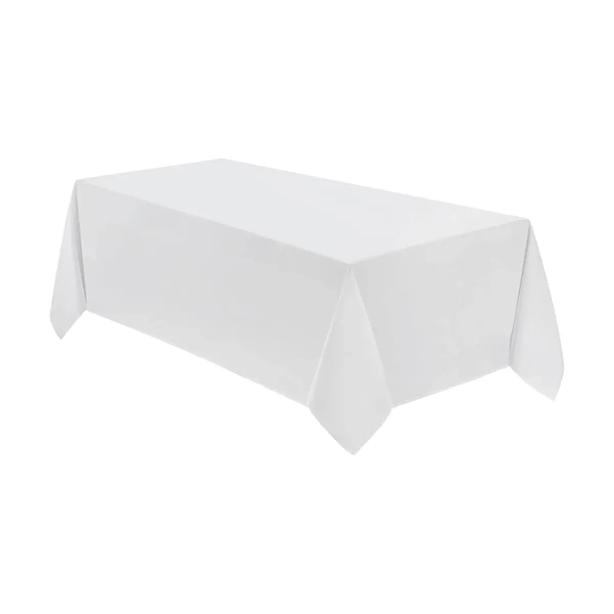 White polyester tablecloth draped over a large rectangular table, perfect for events.