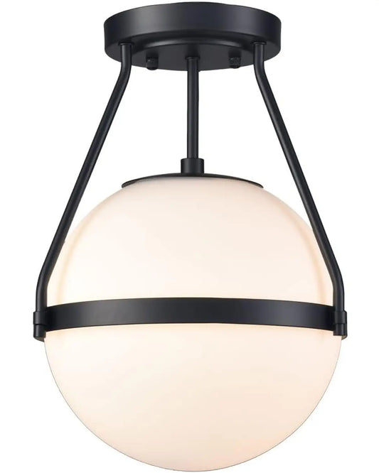 A Mid Century Semi Flush Mount Ceiling Light with distinctive black globe accents.