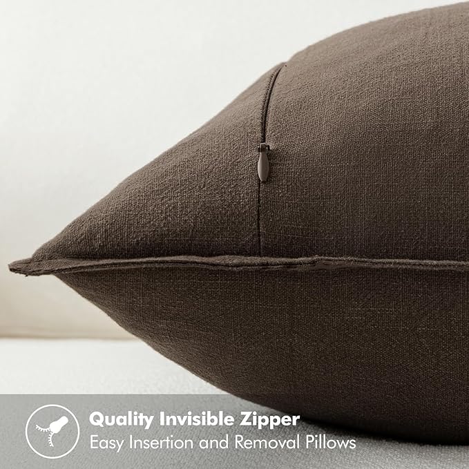 Detailed view of the invisible zipper on the dark coffee linen pillow cover, ensuring a seamless look.