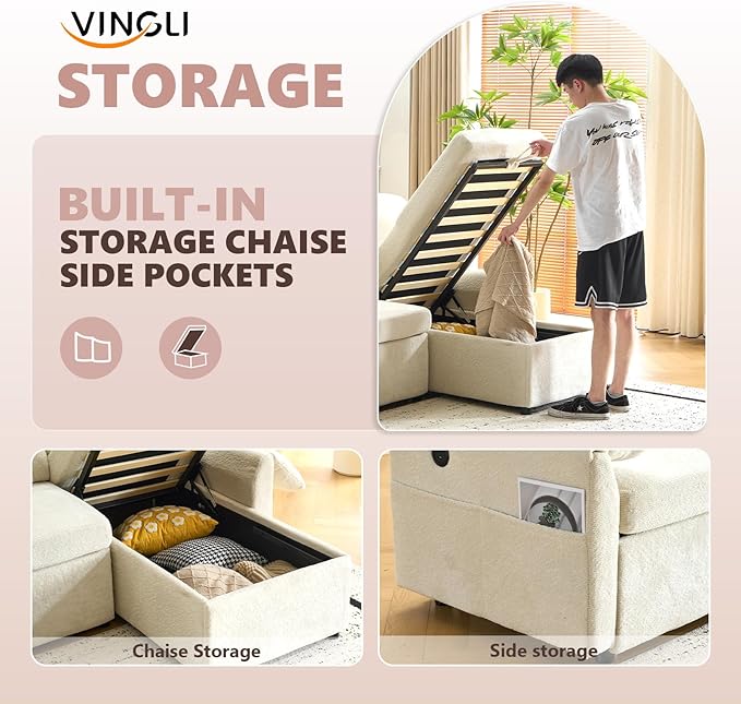 An overhead shot of the beige L-shape sectional sofa, emphasizing its spacious layout.